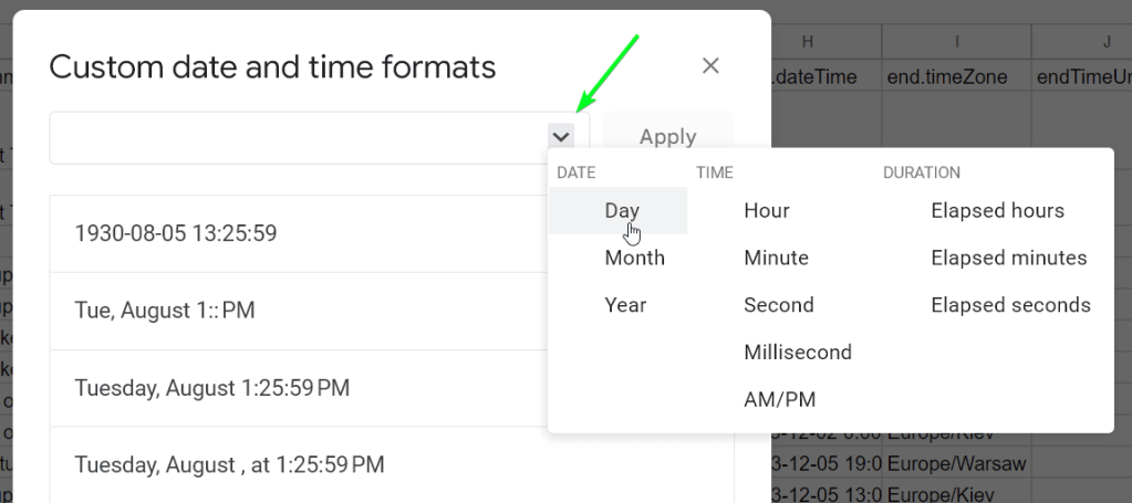 4.3.1 custom date fromat google sheets