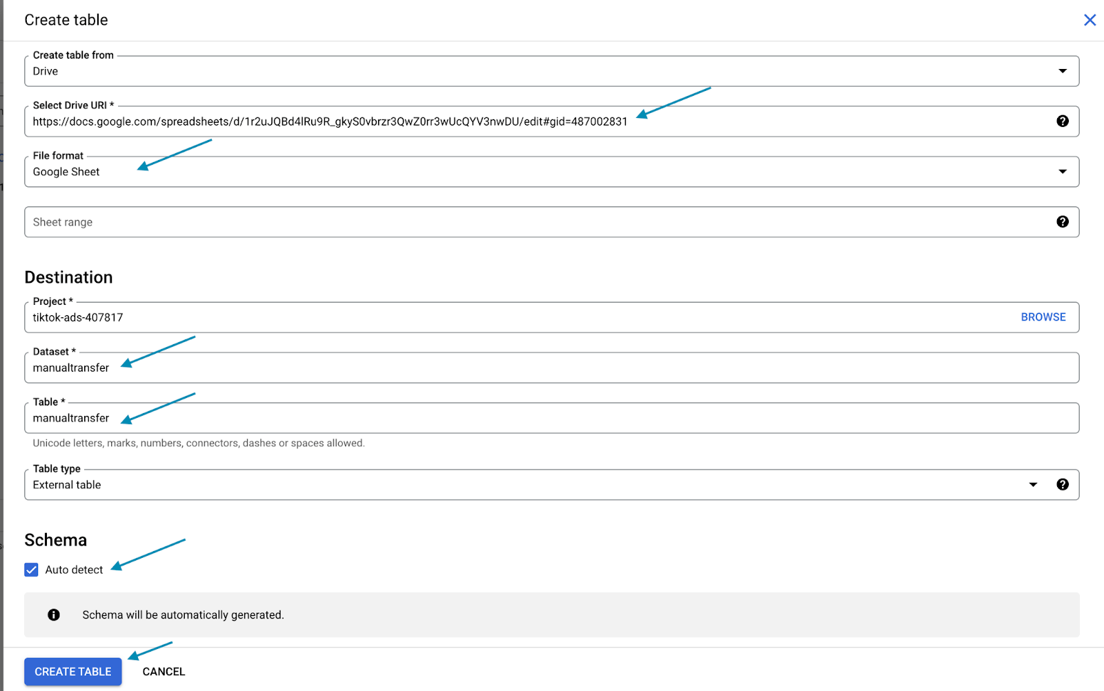 créer un tableau dans bigquery