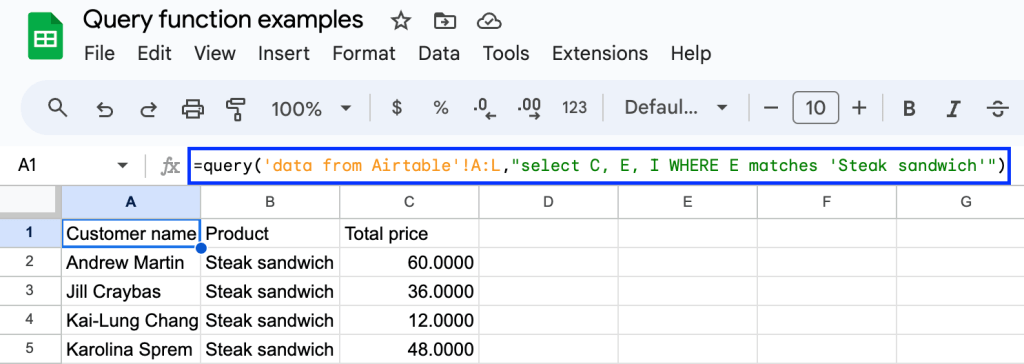 Google Sheets Query Matches example
