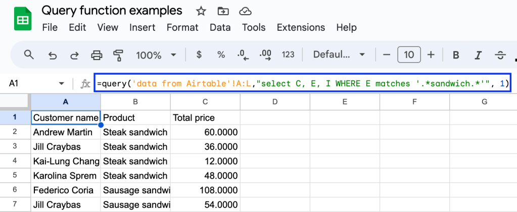Google Sheets Query Matches example 2

