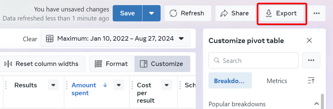 Rapport d'exportation de Facebook Ads Manager