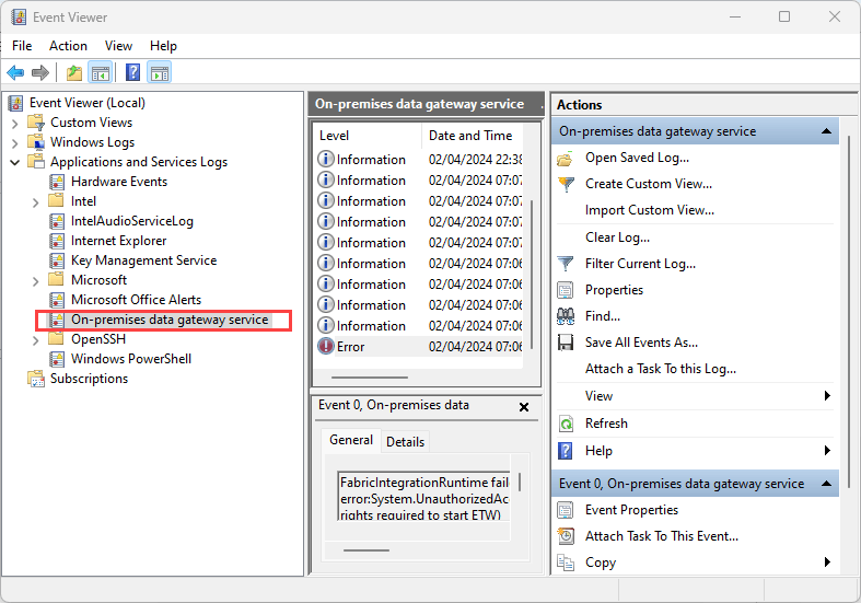 Figure 8.1.4. The event logs On premises data gateway service