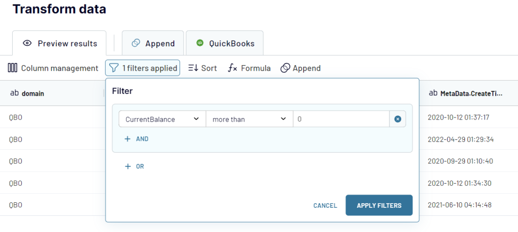 QuickBooks filter data