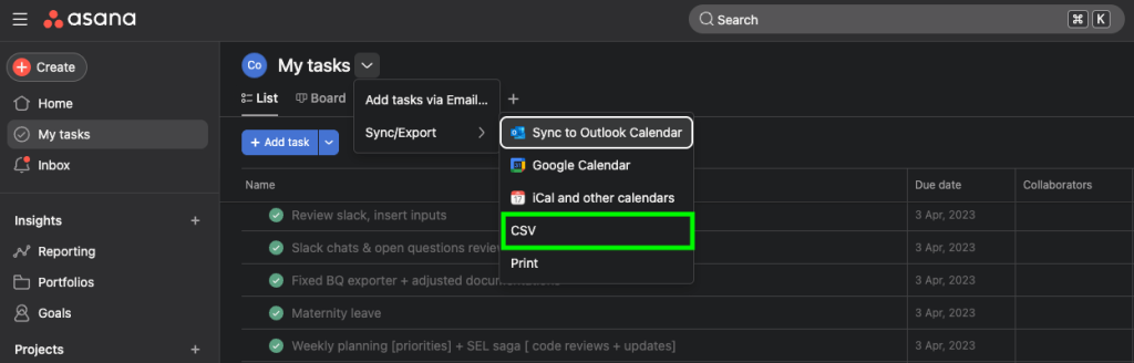 2 asana tasks export