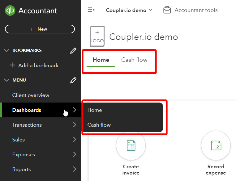 quickbooks incorporado en las pestañas del cuadro de mandos
