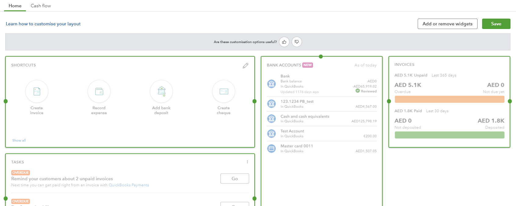 personalizar el cuadro de mandos construido en quickbooks 