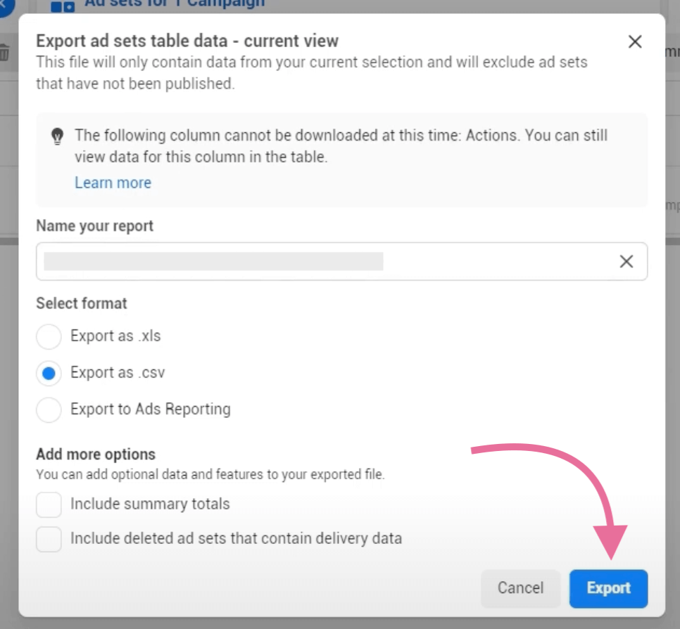 exportar datos de anuncios de Facebook a CSV