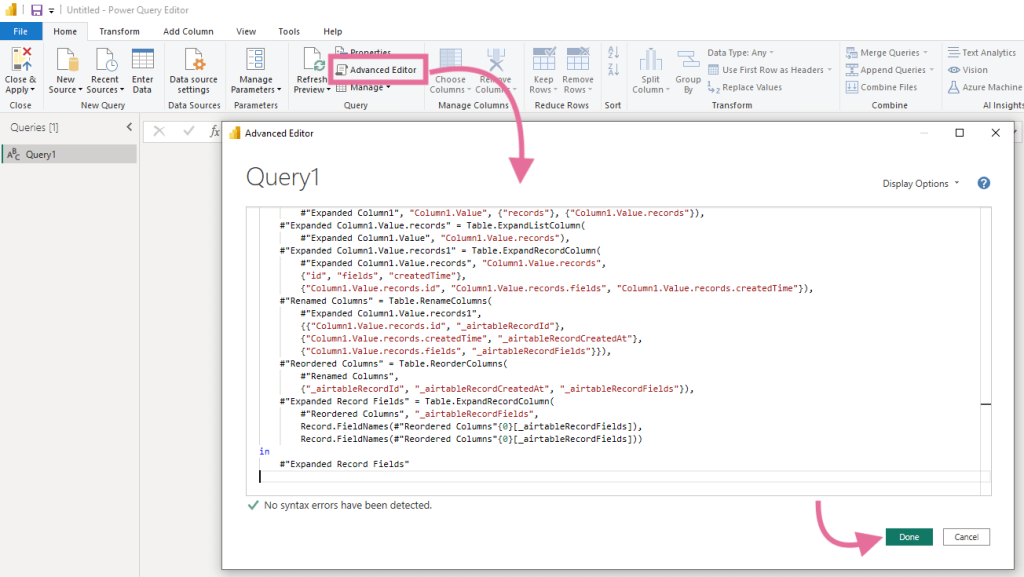 9 script d'insertion de requête dans power bi airtable