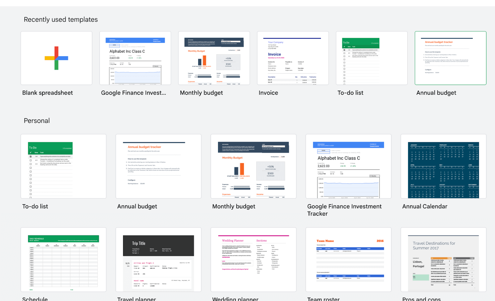 lista de plantillas de google sheet