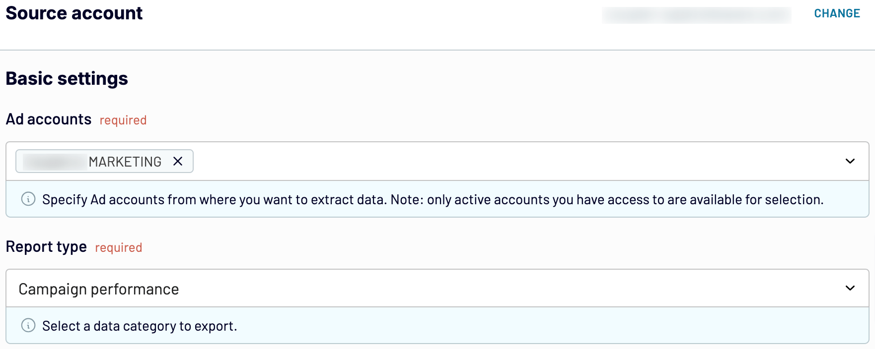 1. Paramètres de base du compte source Google Ads avec Coupler.io