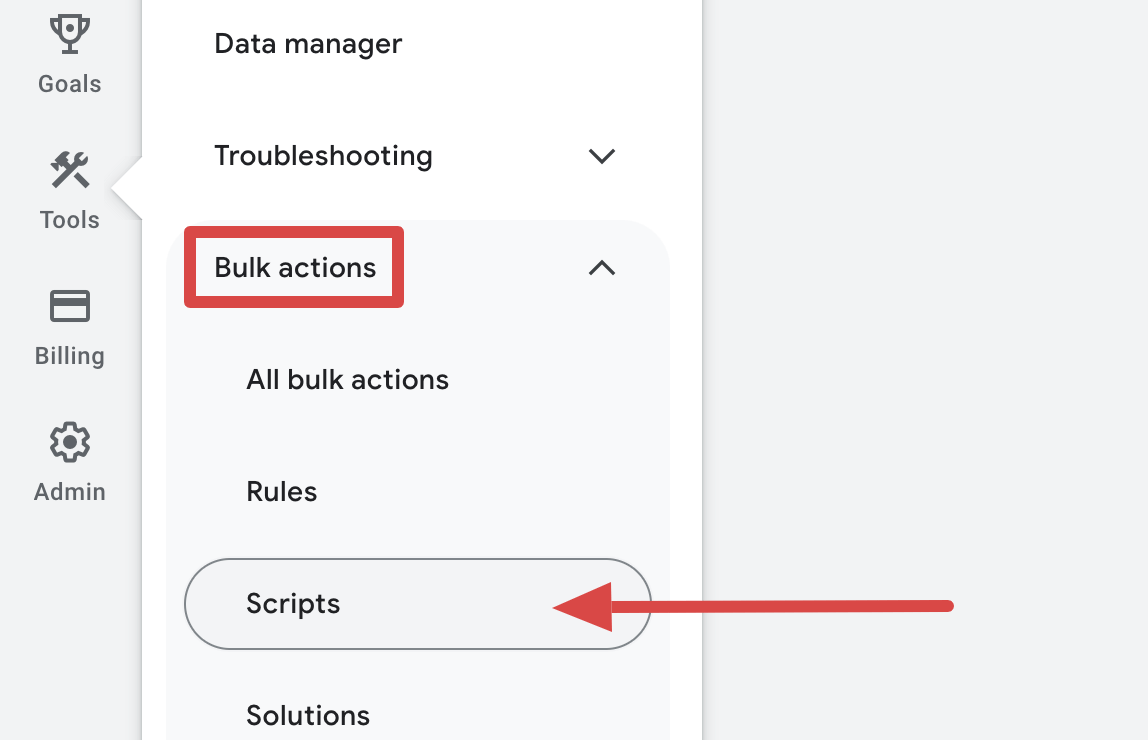 20. Sélectionner Scripts dans la catégorie Actions groupées dans Google Ads