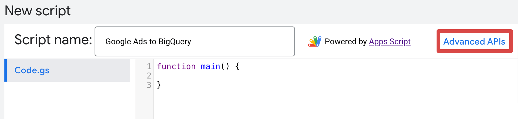 22. Cliquer sur API avancées lors de la création d'un script dans Google Ads