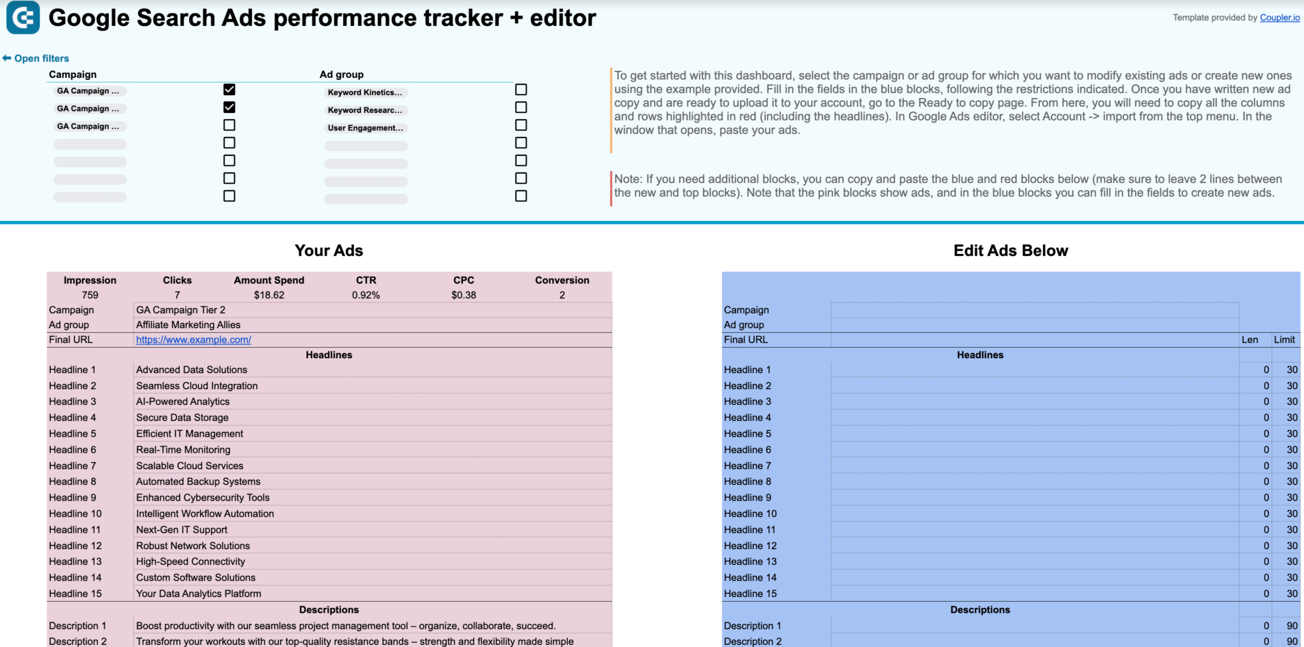 28. Suivi des performances des annonces Google Search + éditeur dans Google Sheets
