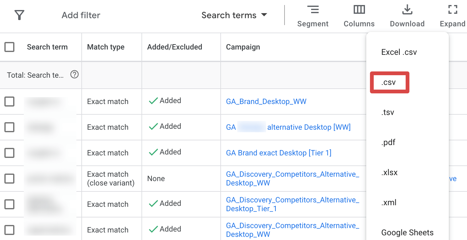 8. Spécification du format .csv pour le téléchargement du rapport depuis Google Ads