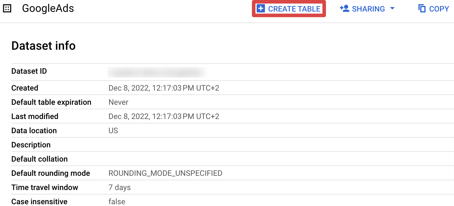 9. Création d'un tableau dans un ensemble de données BigQuery