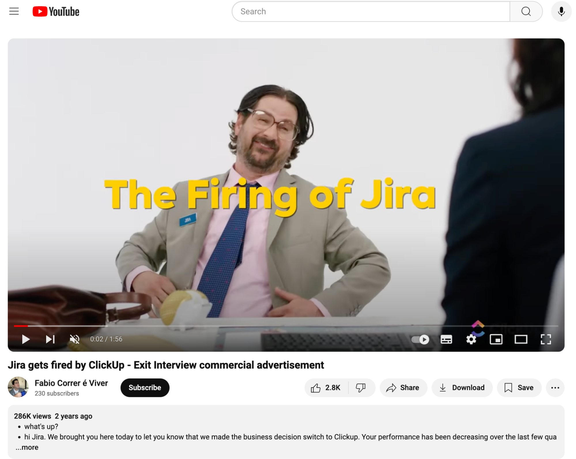 anuncio en youtube jira es despedida por clickup