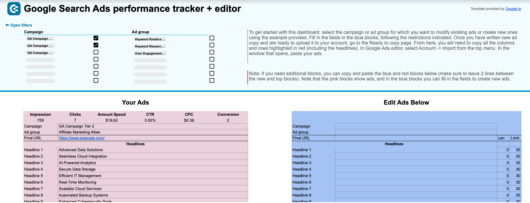 2 Modèle d'éditeur de suivi des Google Search Ads dans Google Sheets