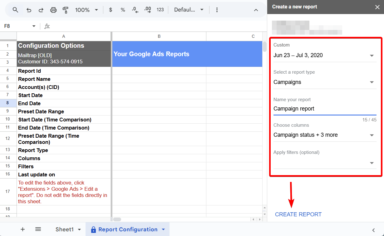 créer un rapport google ads add on