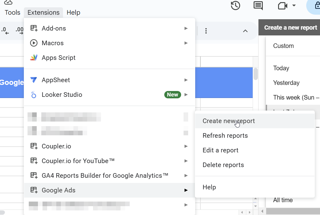 créer un nouveau rapport Google Ads dans Google Sheets