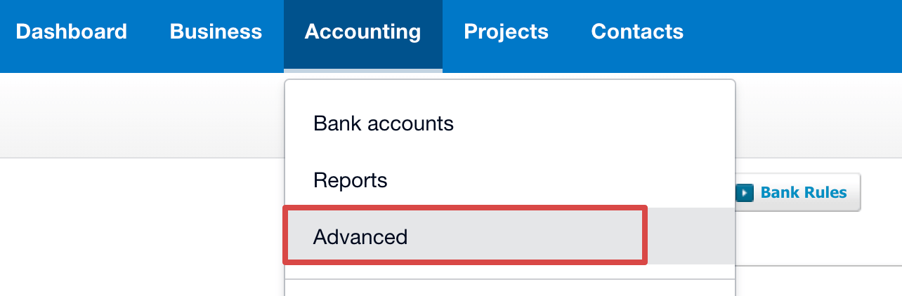 Navigating to advanced settings in Xero's Accounting menu