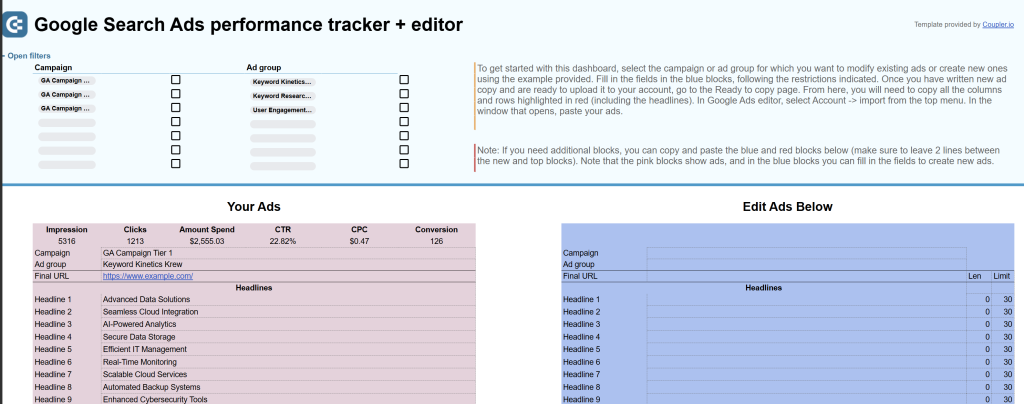 Google Search Ads performance tracker + editor in Google Sheets