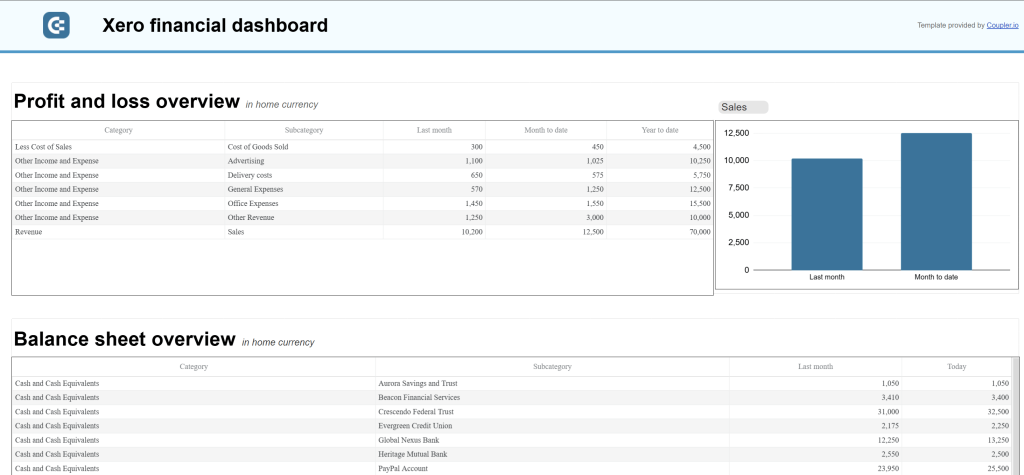 Xero financial report template in Google Sheets