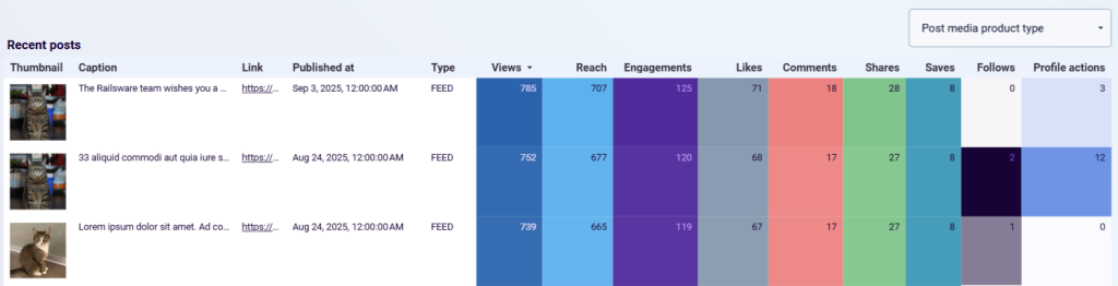 data table instagram dashboard