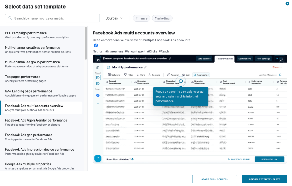 coupler data sets the in app data set template selection screen