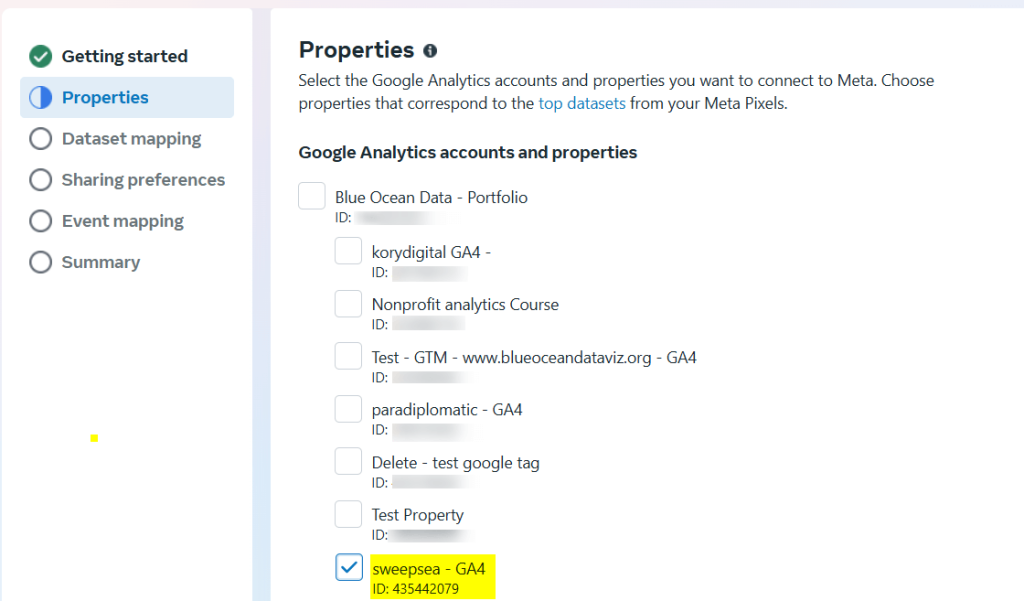 selecting ga4 property in meta