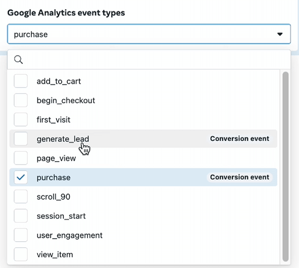 selecting ga4 events in meta v2vb