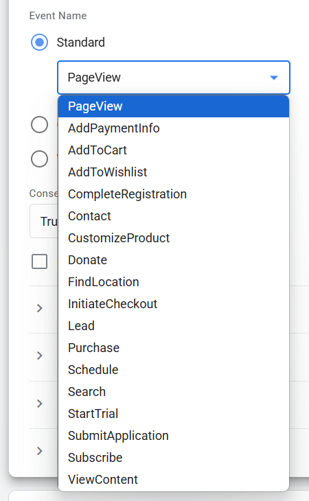 google tag manager event list in facebook pixel tag
