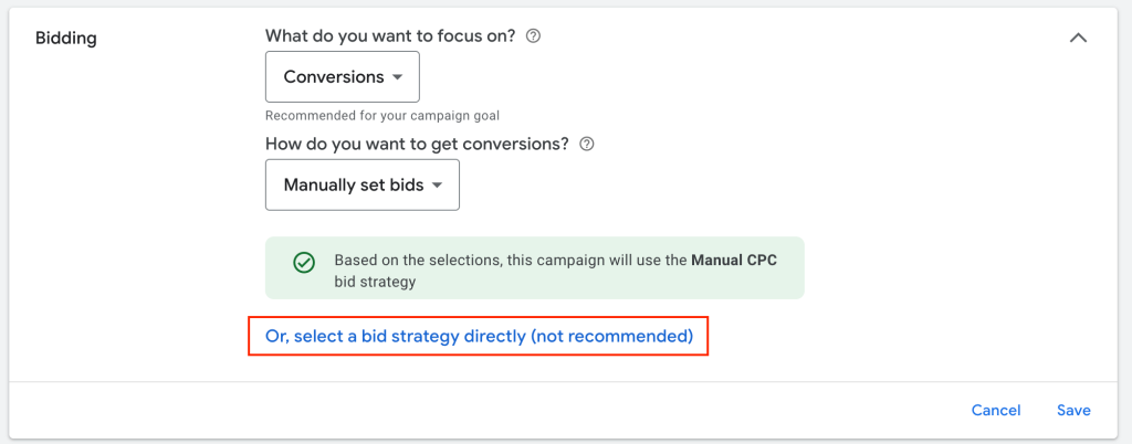 google ads for small business access manual bidding settings