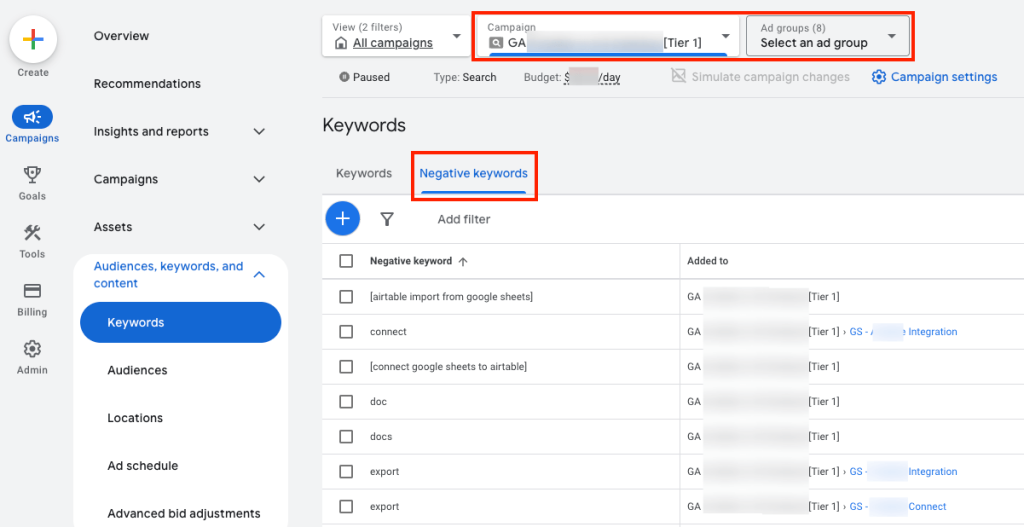 google ads for small business configure negative keywords in google ads