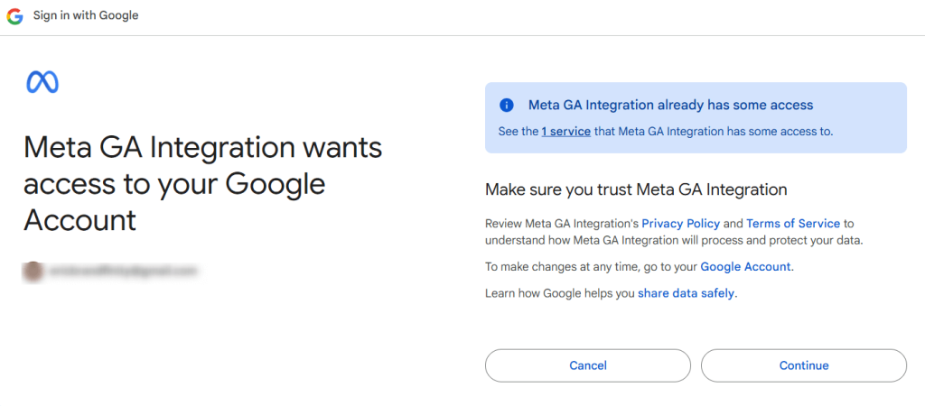 meta integration access to google account