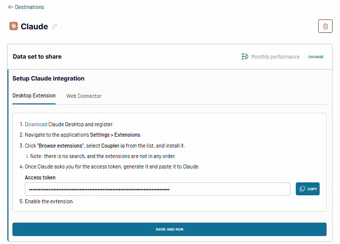 Figure 3.2. Coupler.io AI Integration Configuring Claude as a data destination