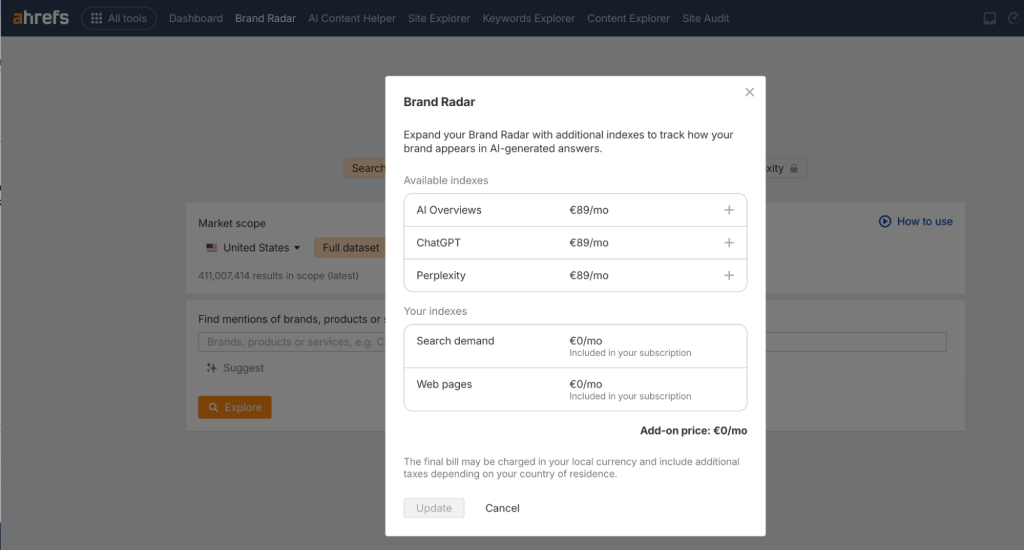 ahrefs brand radar paid add on price