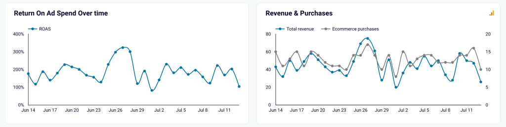 ROAS, revenue, and purchase trends