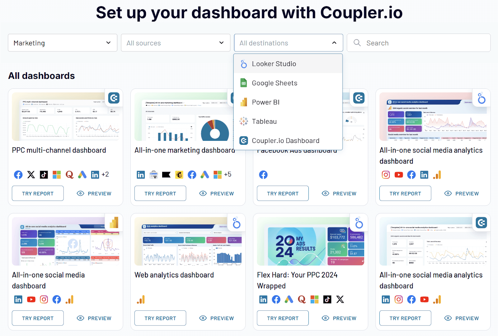 coupler.io dashboard set up screen