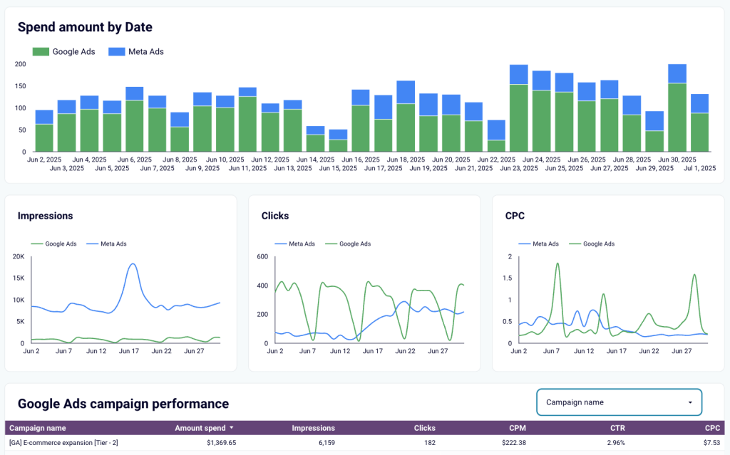 Google Meta ads dashboard example with bar and line charts