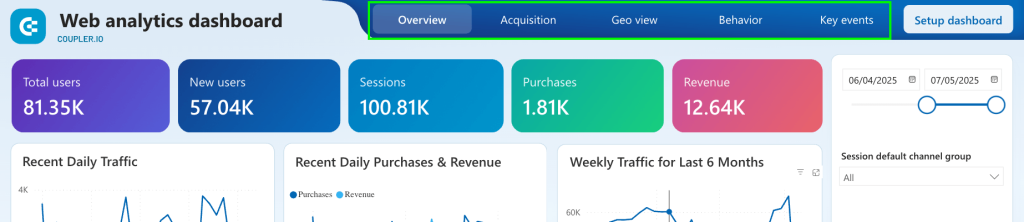 Web analytics dashboard tabs layout example