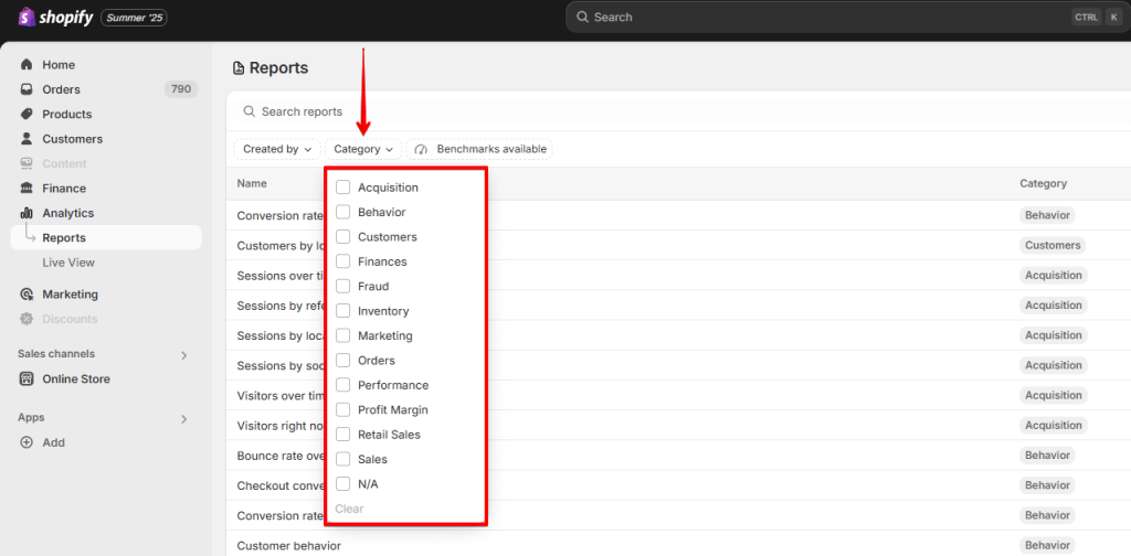 2 categories of shopify built in reports