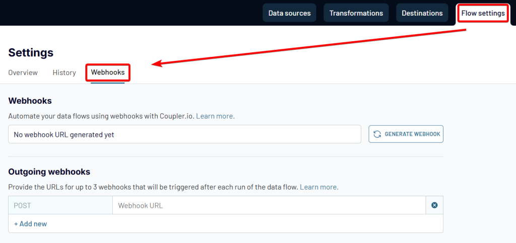 flow settings webhooks