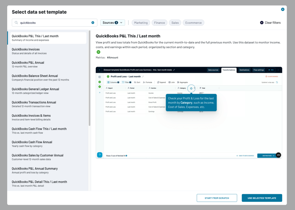 Quickbooks dataset templates examples in Coupler