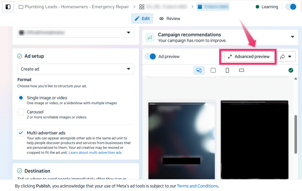 meta advanced preview tab