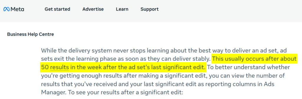 meta minimum conversions recommendation