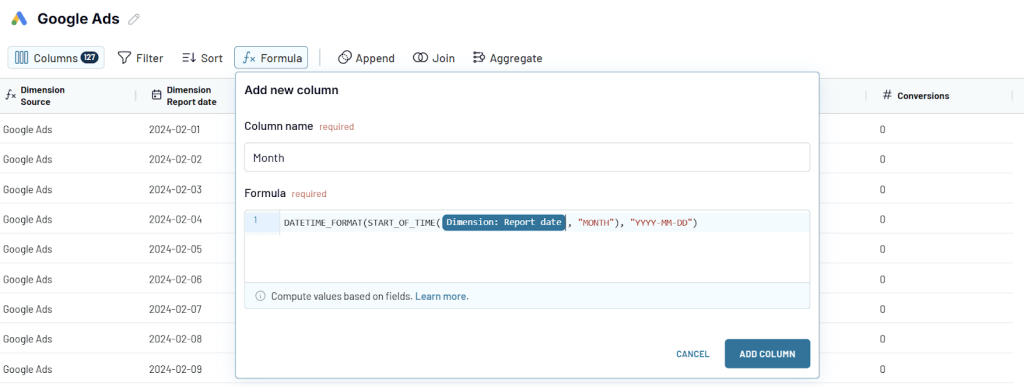 custom formula for datetime column