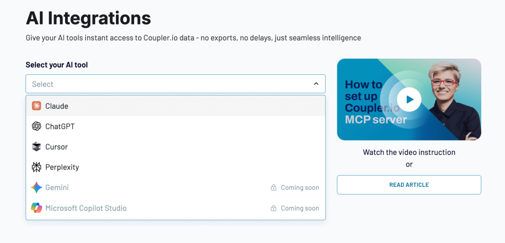 AI integrations Coupler.io interface