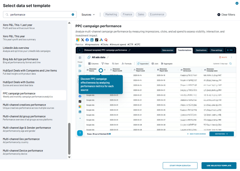 Coupler.io AI Integration Selecting a data set template