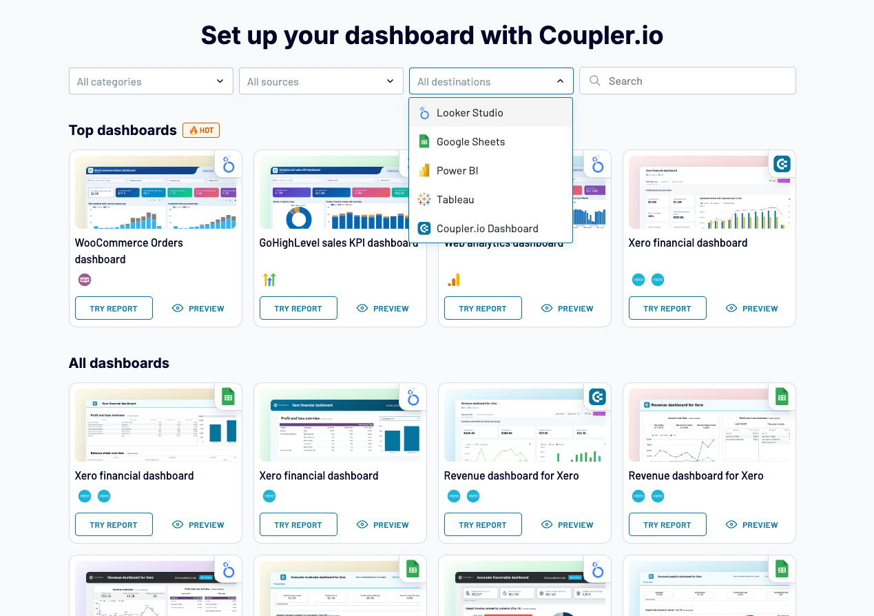 coupler dashboard templates set up page