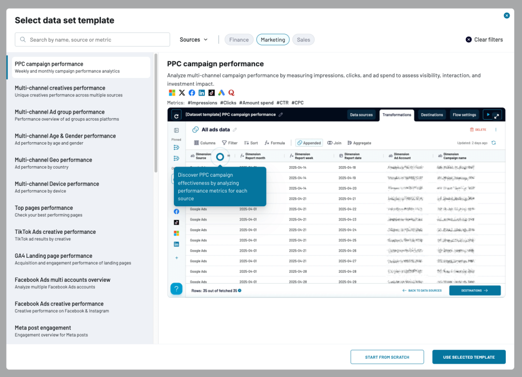data set templates set up page